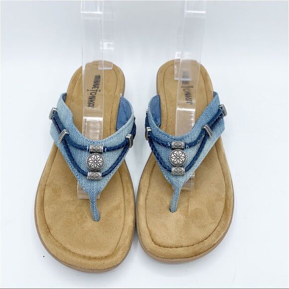 Minnetonka Chambray Silverthrone Wedge Thong Sandals Sz 9 - Picture 2 of 13